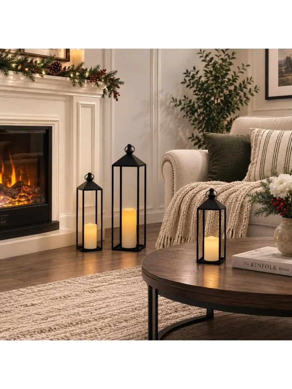 Set of 3 Large Black LED Lanterns with Flameless Candles for Indoor & Outdoor